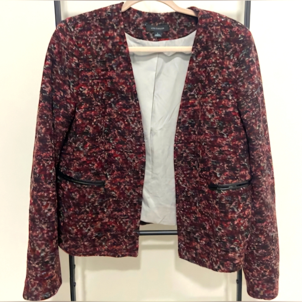 Ann Taylor Burgundy Red & Black Marble Wool Blend Open Front Blazer SIZE L